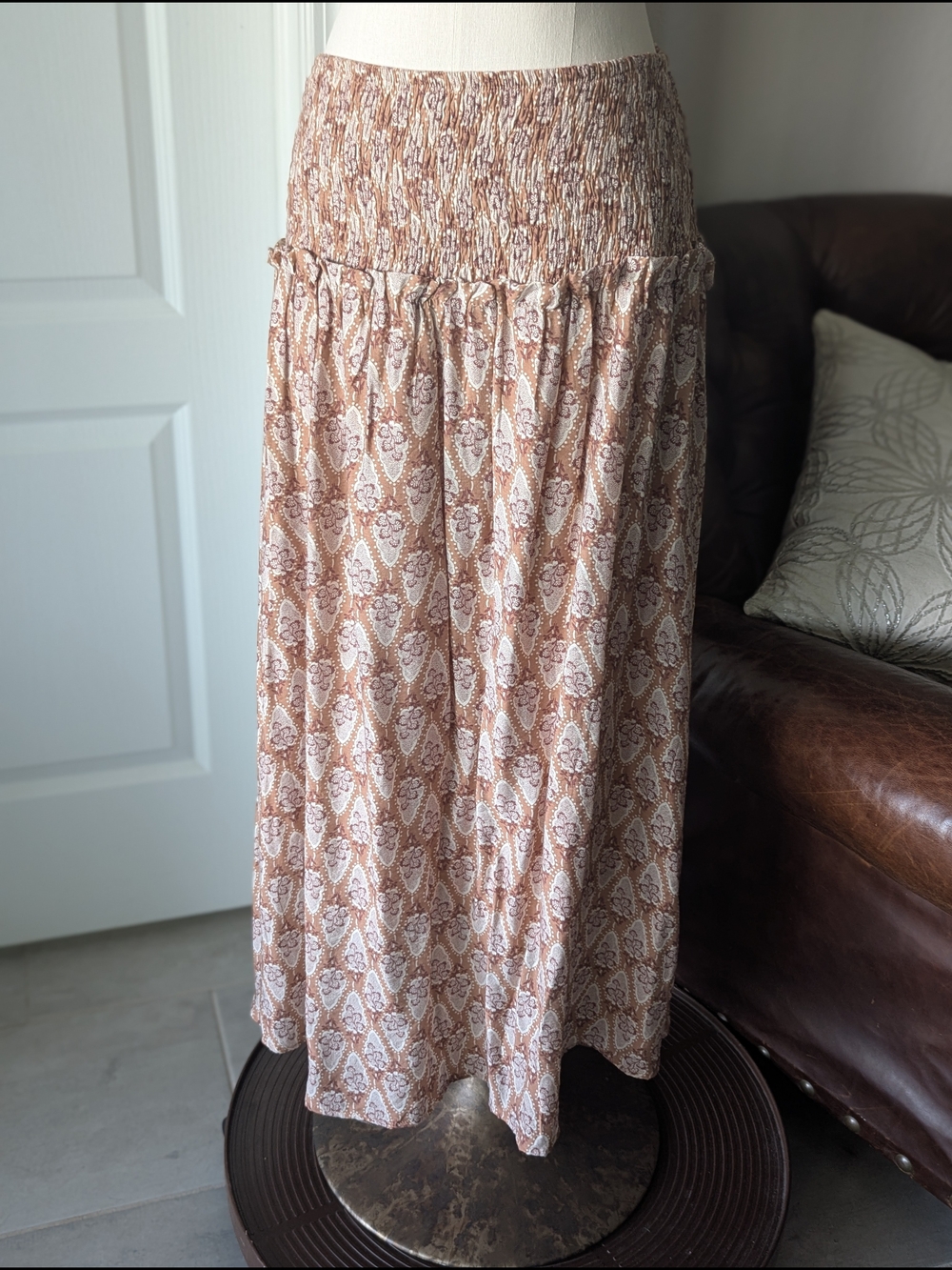 Boho Smocked Waist Maxi Skirt in Beige Gingko Leaf Print